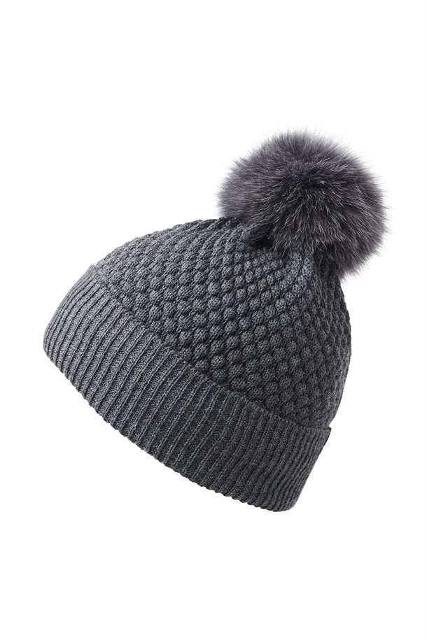 MP denmark, chunky oslo beanie, hue, hue med pom pom, melange, pige, pigehue, uld, mp hue, grå, dreng, drengehue.