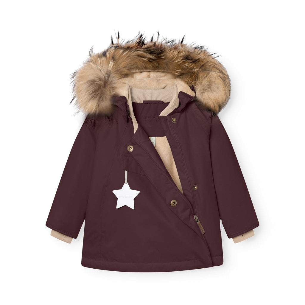 Mini a ture - MATWANG fleece lined winter jacket fur. GRS - Fudge aubergine