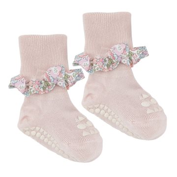 GoBabyGo - Skridsikre Strømper Bambus - Soft Pink m. Liberty flæse