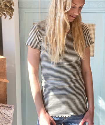 Joha - Voksen SS bluse i uld/Silke//striber grøn/creme